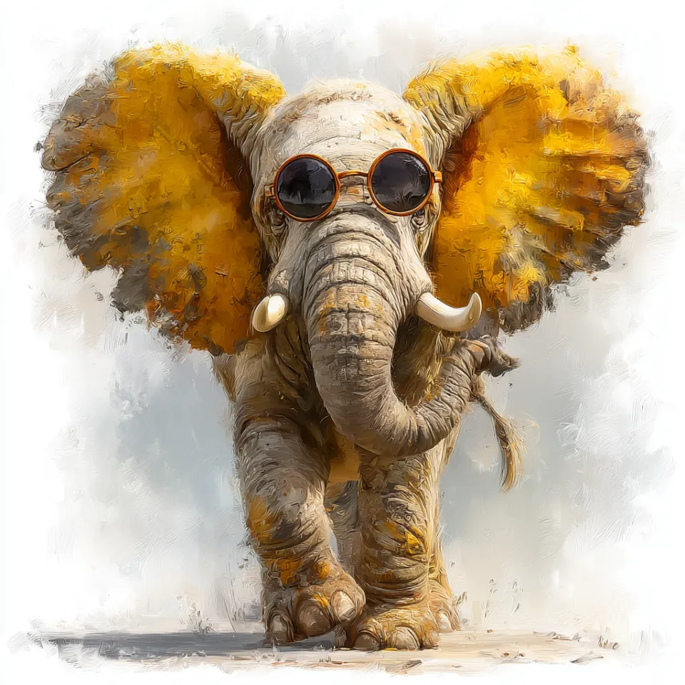 A painting featuring an elephant in sunglasses with yellow ears