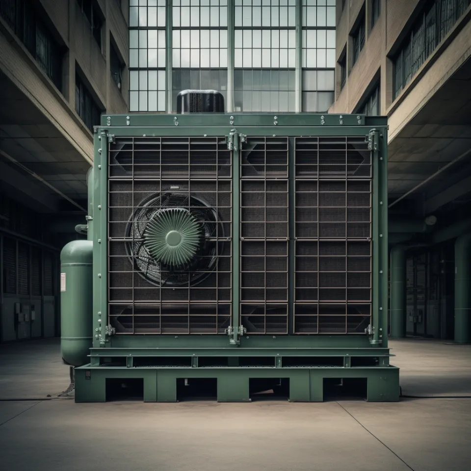 Vista de un gran dispositivo industrial con ventilador en un entorno de producción
