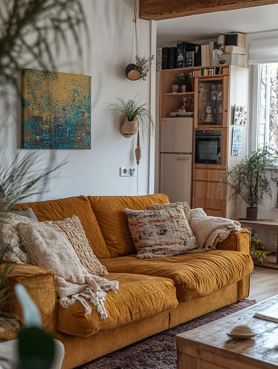 Interior moderno con sofá amarillo y plantas en la pared