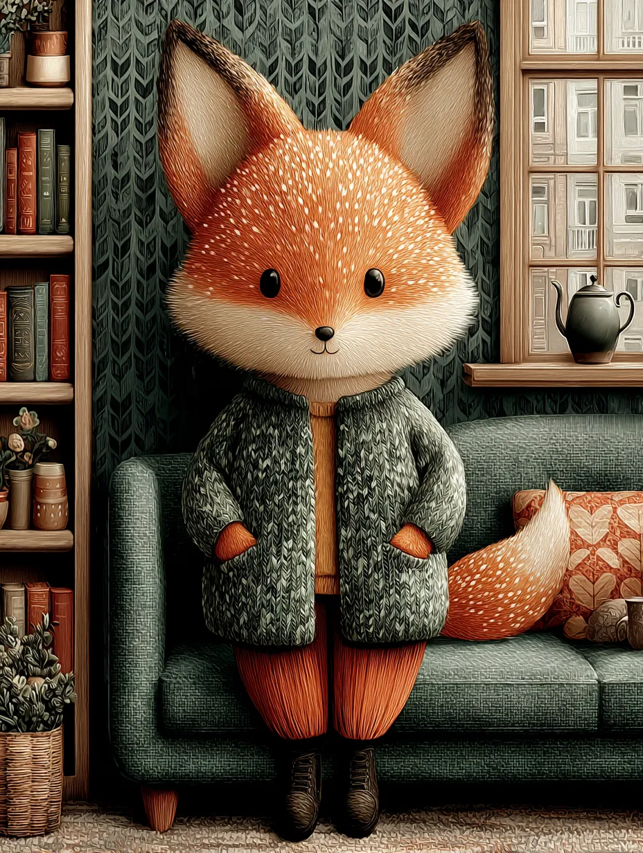 Animated fox character in a sweater in a warm setting