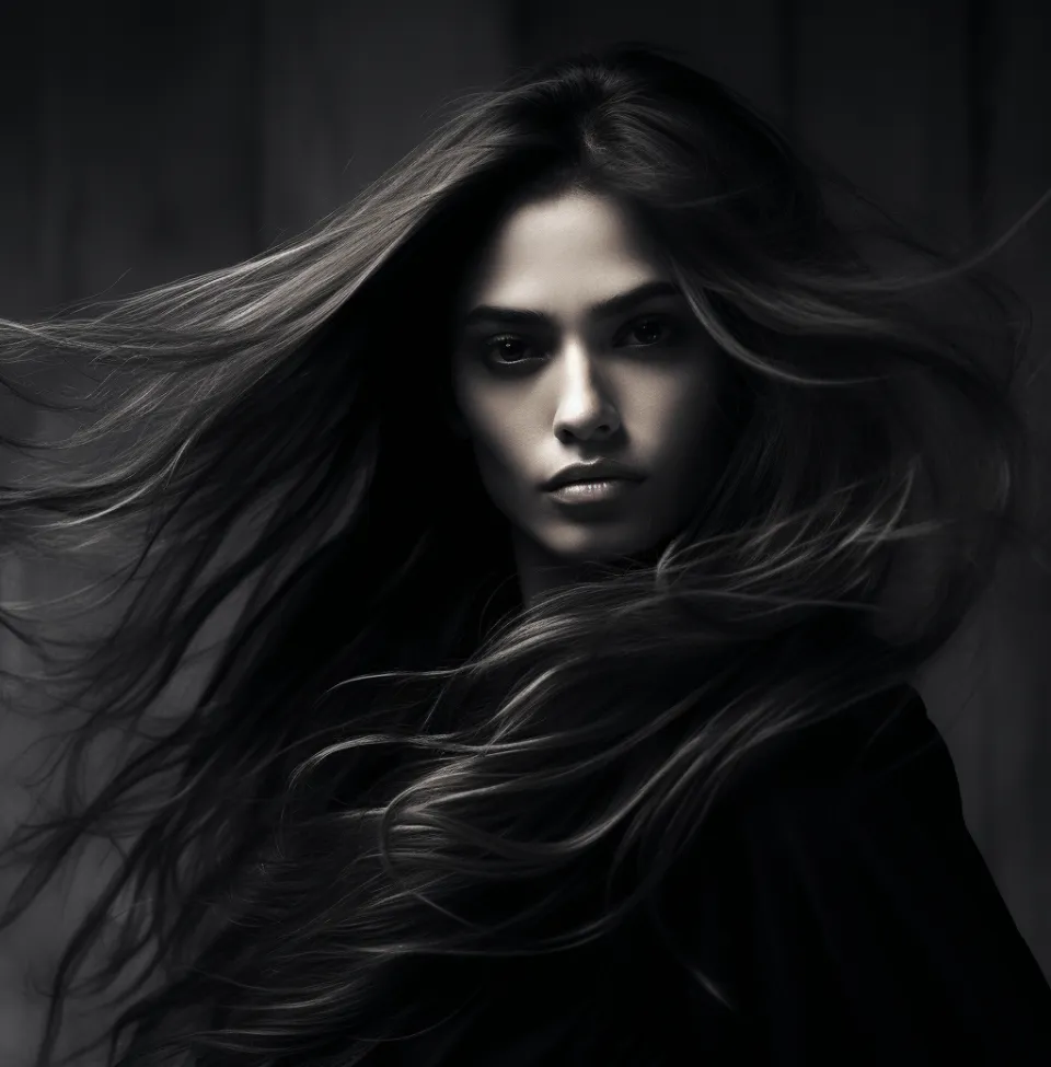 Woman with Long Hair on a Dark Background, Atmospheric Portrait