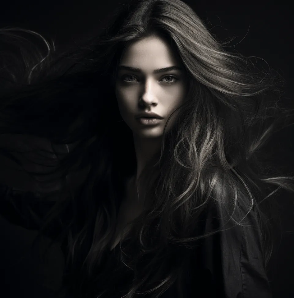 Emotional portrait of a girl with flowing dark hair against a black background
