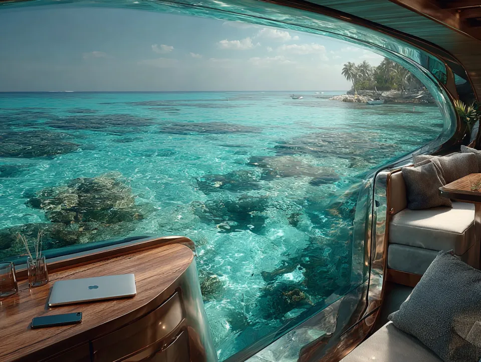 Sala acogedora con enormes ventanas que ofrecen vistas al mar y los arrecifes