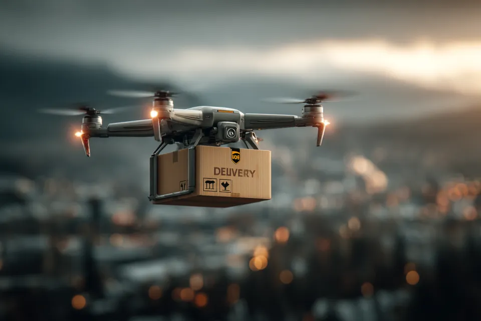 Dron transportando una caja de entrega contra un fondo de luces de la ciudad
