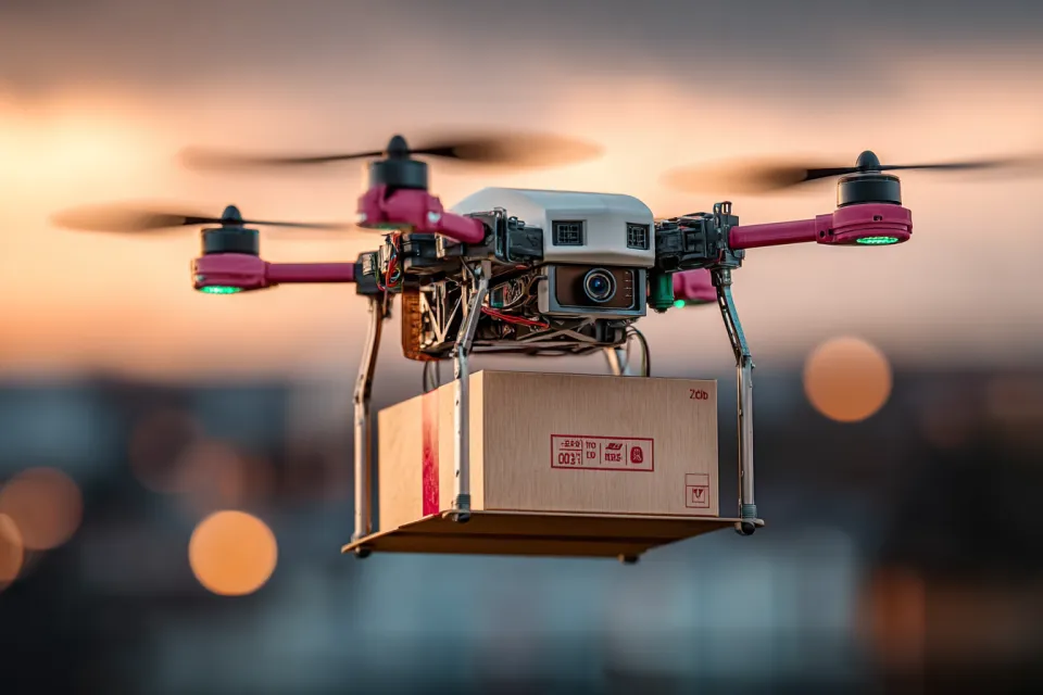 Drone delivering a package against the evening sky