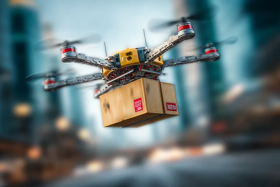 Dron que lleva una caja de madera sobrevuela la ciudad