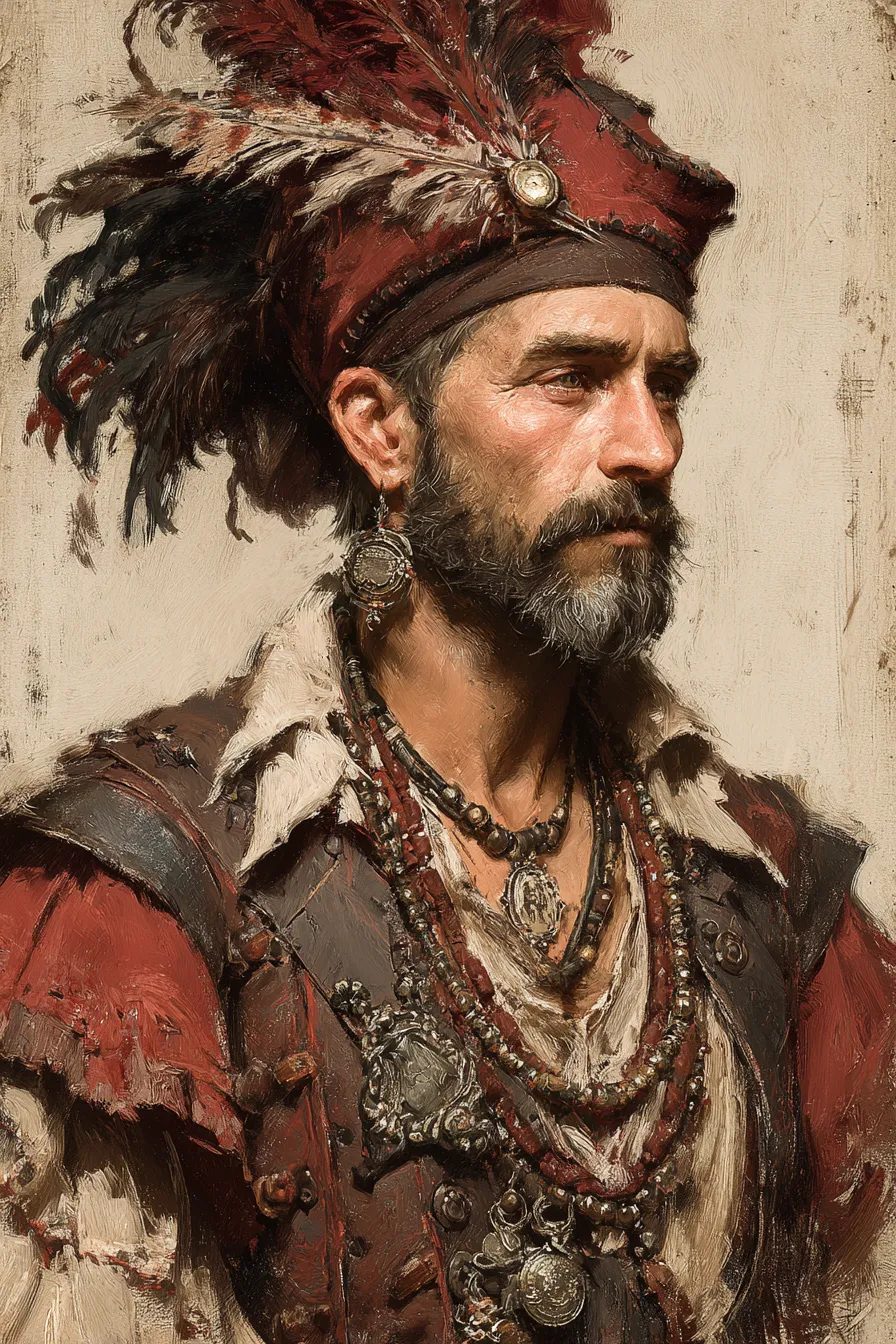 Image of a man in a costume with a red headdress and accessories