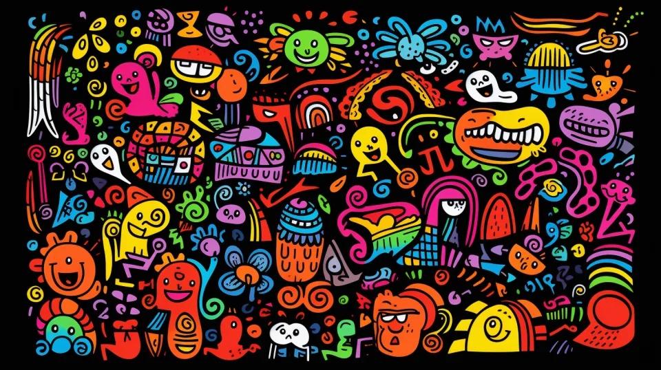 A set of bright and amusing characters on a black background