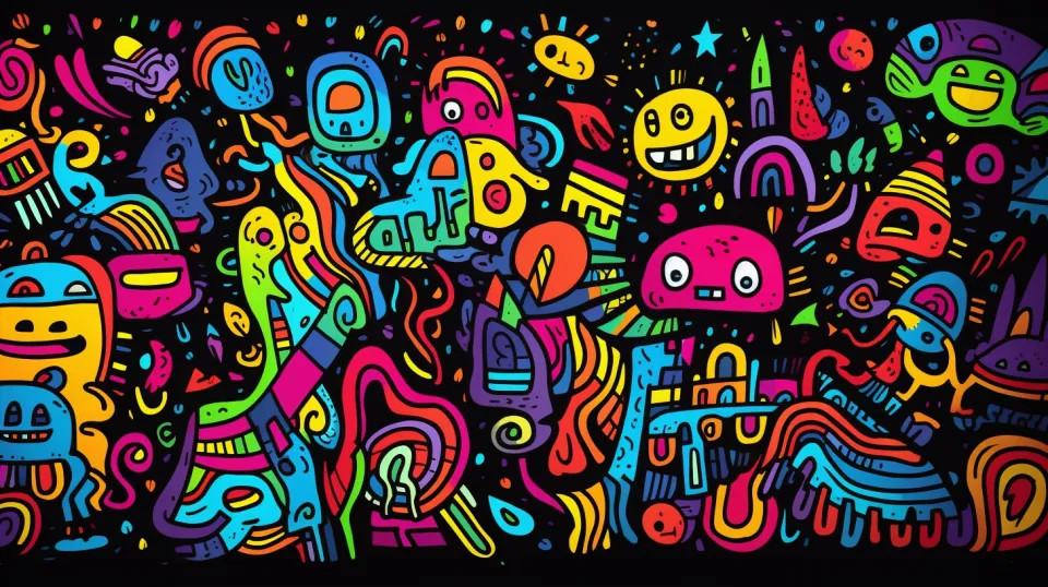 Stained Glass Abstraction with Cartoon Faces on a Black Background