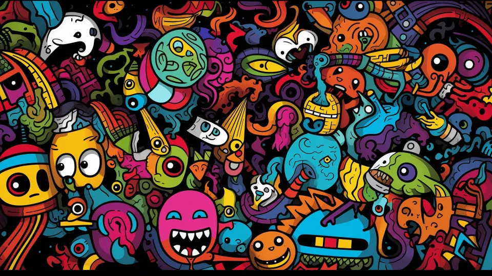 Unusual and vibrant characters in a chaotic abstract design