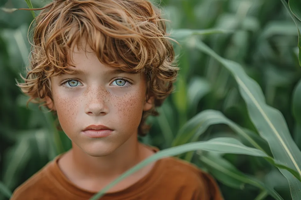 Portrait of a Boy with Curly Hair and Expressive Eyes Against a Background of Corn