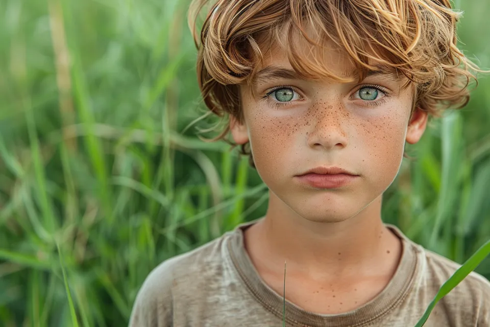 Portrait of a boy with light hair and green eyes among the grass