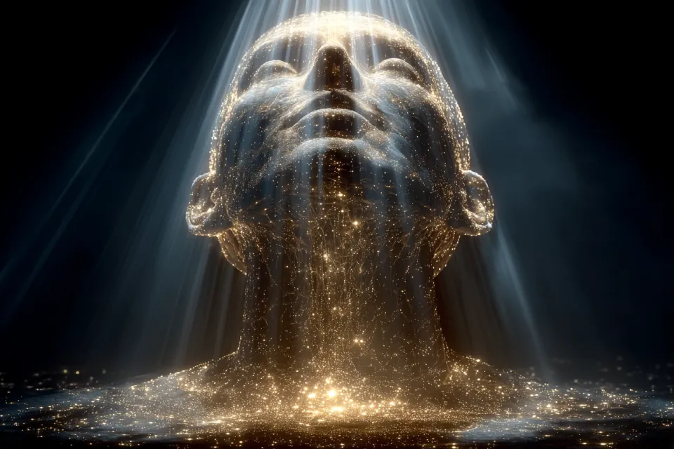 Silhouette of a person surrounded by light and particles