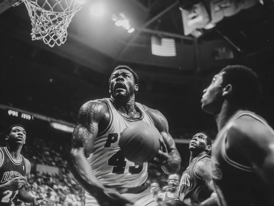A basketball player making a shot at the hoop in a tense game.