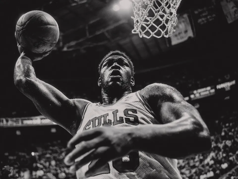 A basketball team player makes a successful shot towards the basket