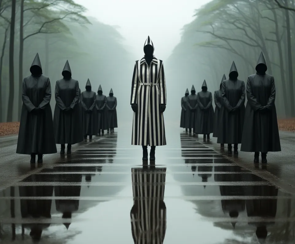 A group of people in black cloaks and one in stripes form a procession in the forest
