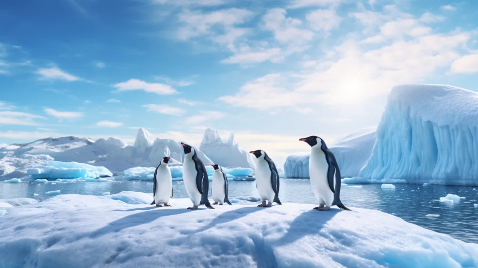 Penguins on an icy landscape in the Antarctic region