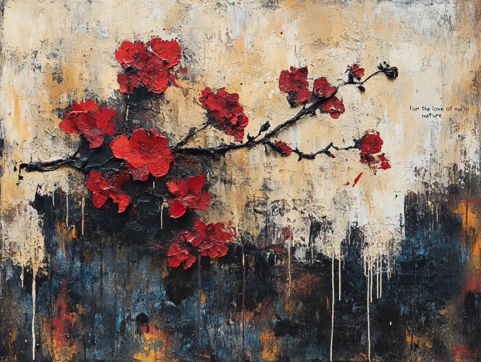 Imagen de una rama con flores rojas sobre un fondo texturizado