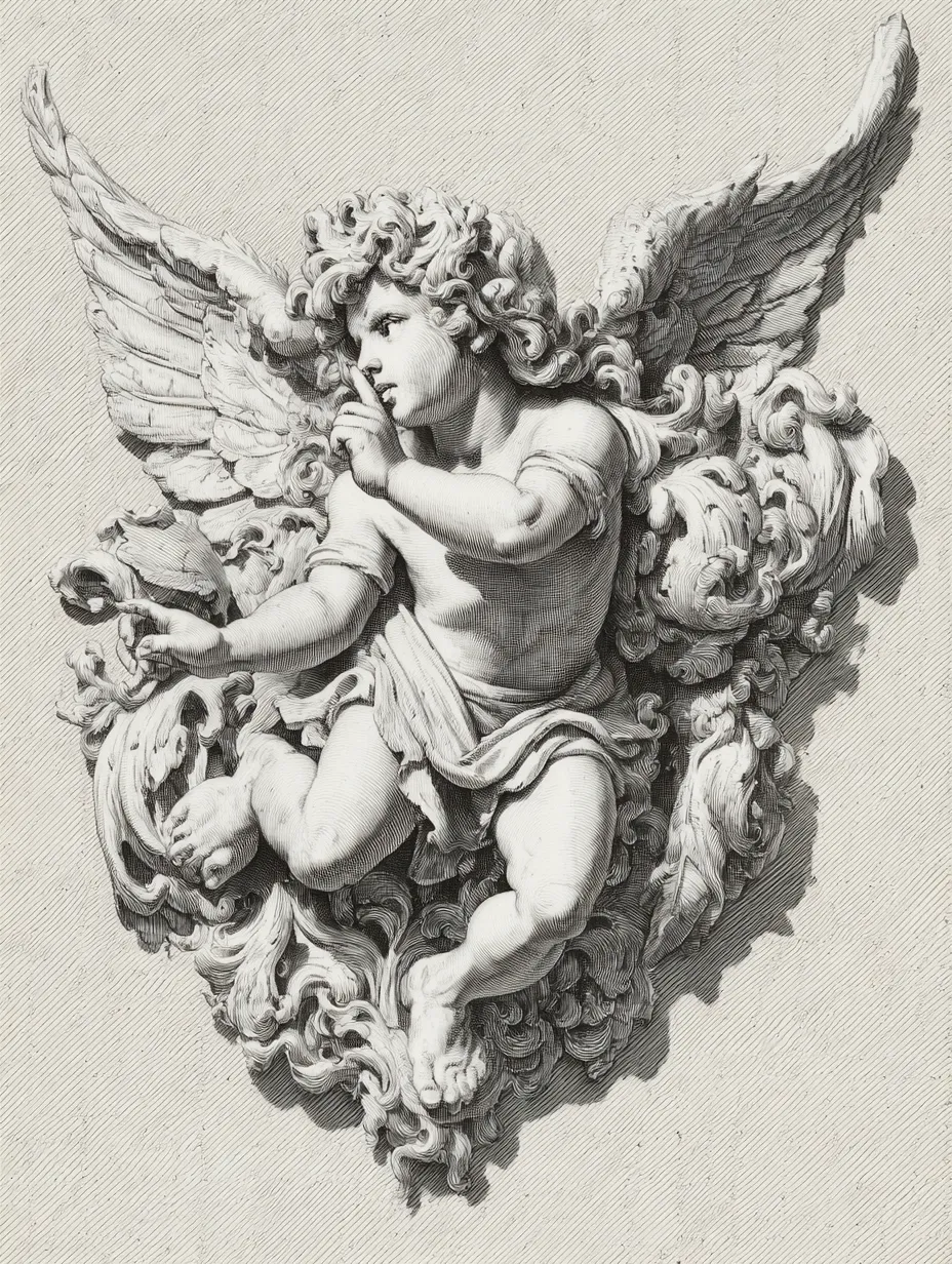 Relief image of an angel with beautiful wings and an expressive face