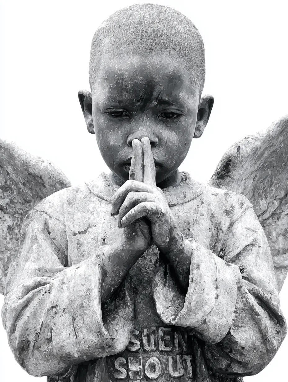 Sculpture of a child with angel wings, depicting a prayerful gesture