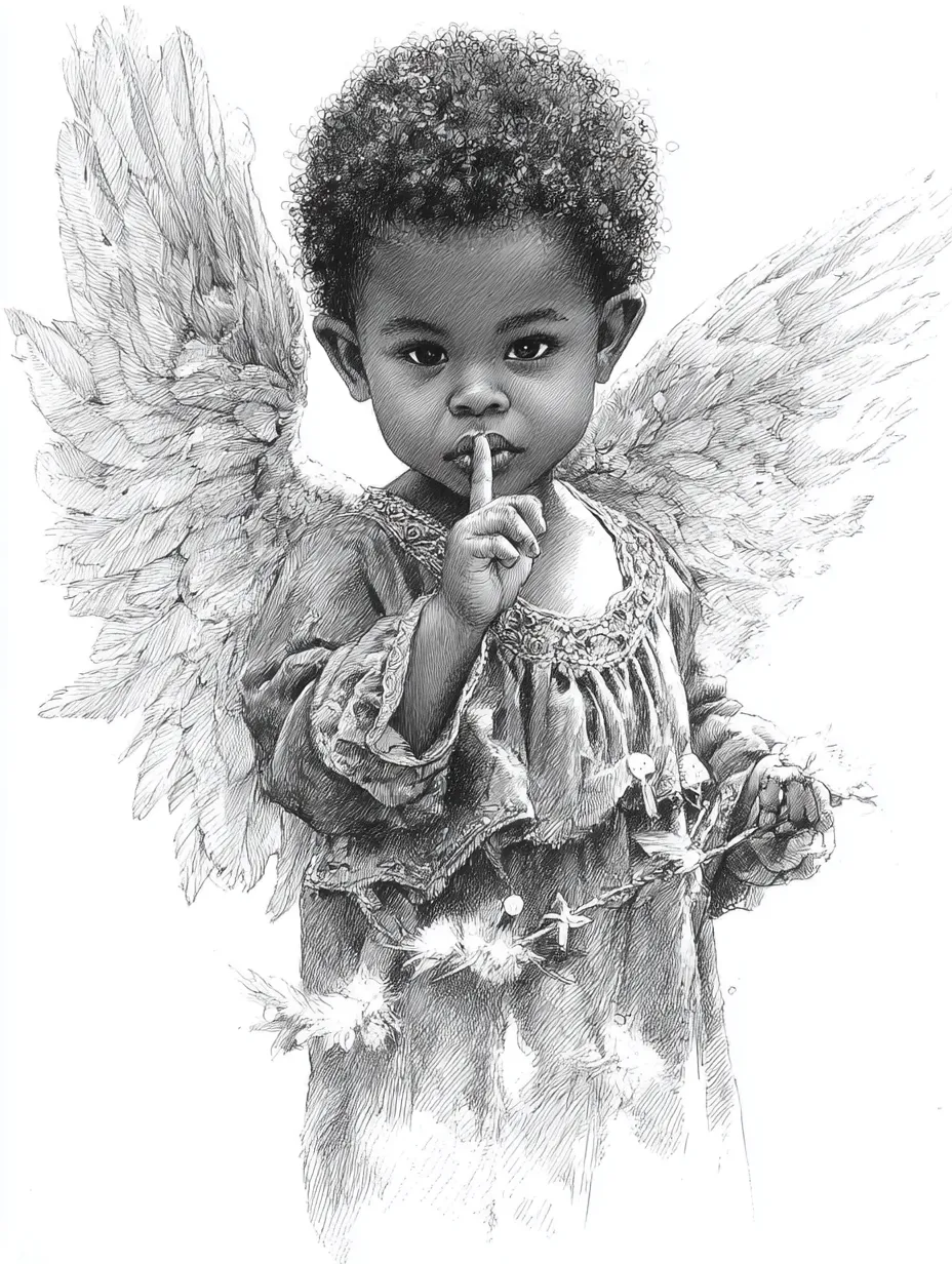 Child with Wings Making a Silent Gesture with Flowers