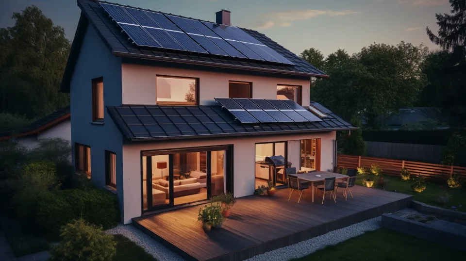 House with solar panels on the roof, illuminated by evening light