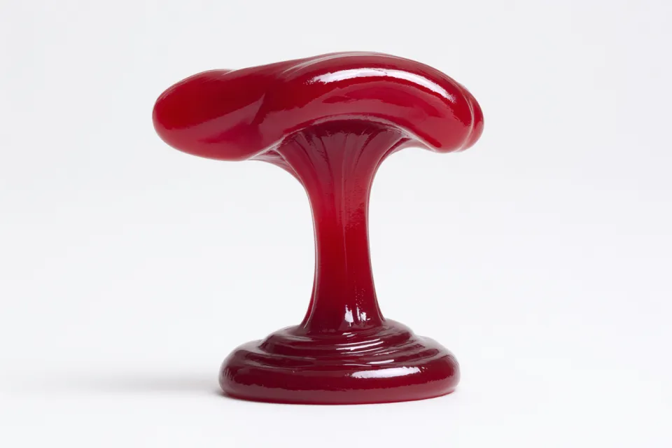 Abstract red figure resembling a mushroom on a white background