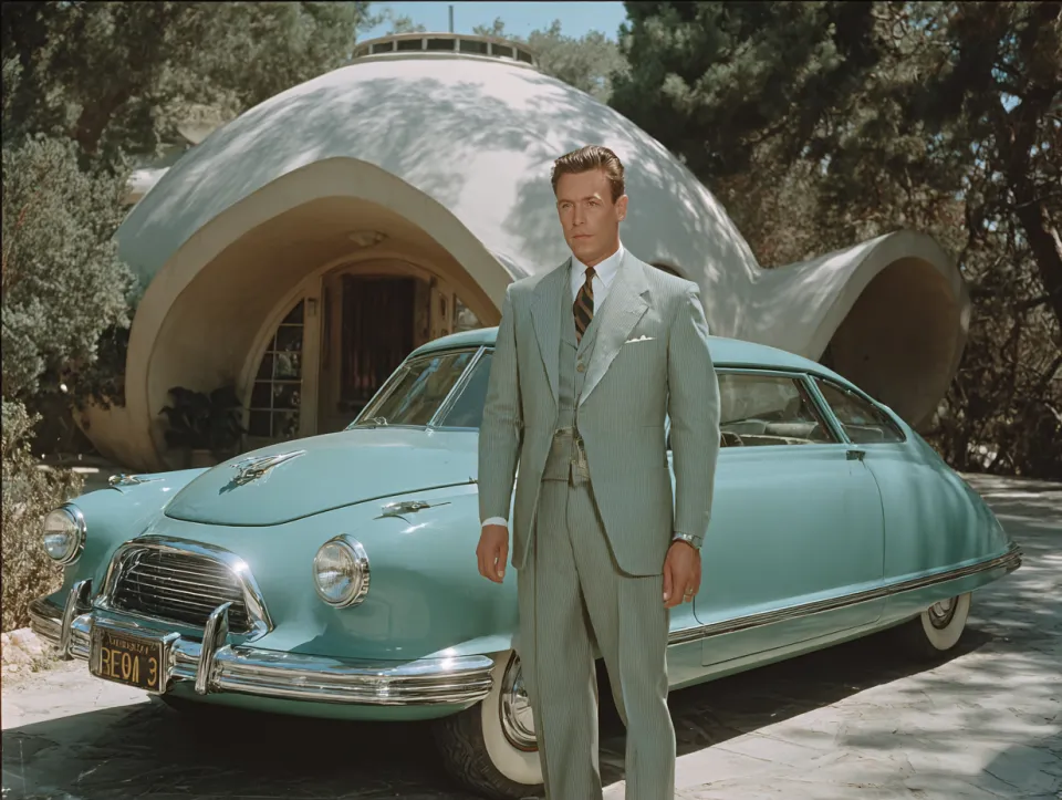 Hombre elegante en un traje claro junto a un coche clásico de la década de 1950