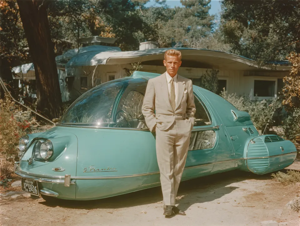 Hombre elegante en traje de pie junto a un automóvil futurista en los años 50
