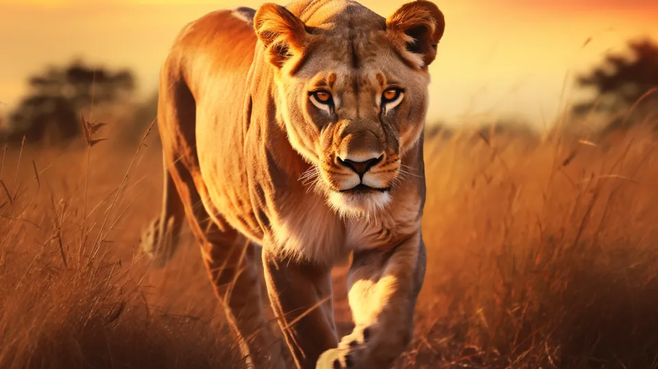 Lioness stepping through the grass against the sunset in the savanna