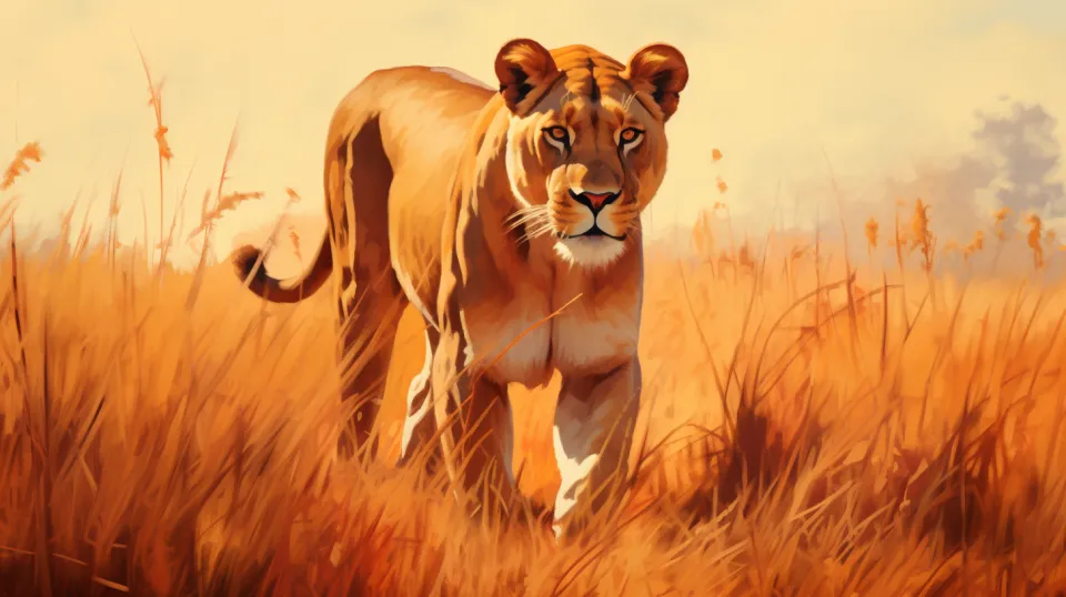 Lioness in a golden grassy landscape under the sunlight