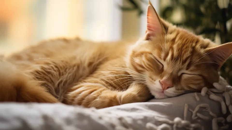 Orange cat peacefully sleeping on a grey blanket in a cozy setting