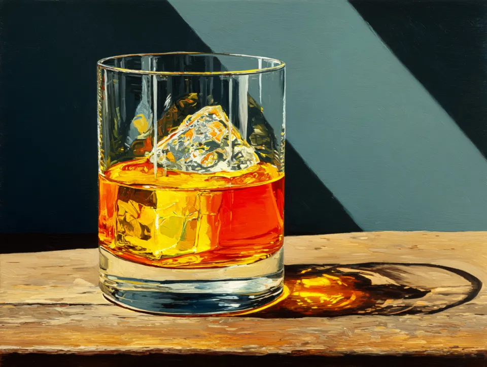 Vaso de whisky y hielo sobre una mesa con sombras