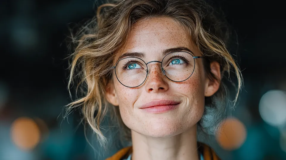 Primer plano de una joven con cabello rubio y gafas sonriendo
