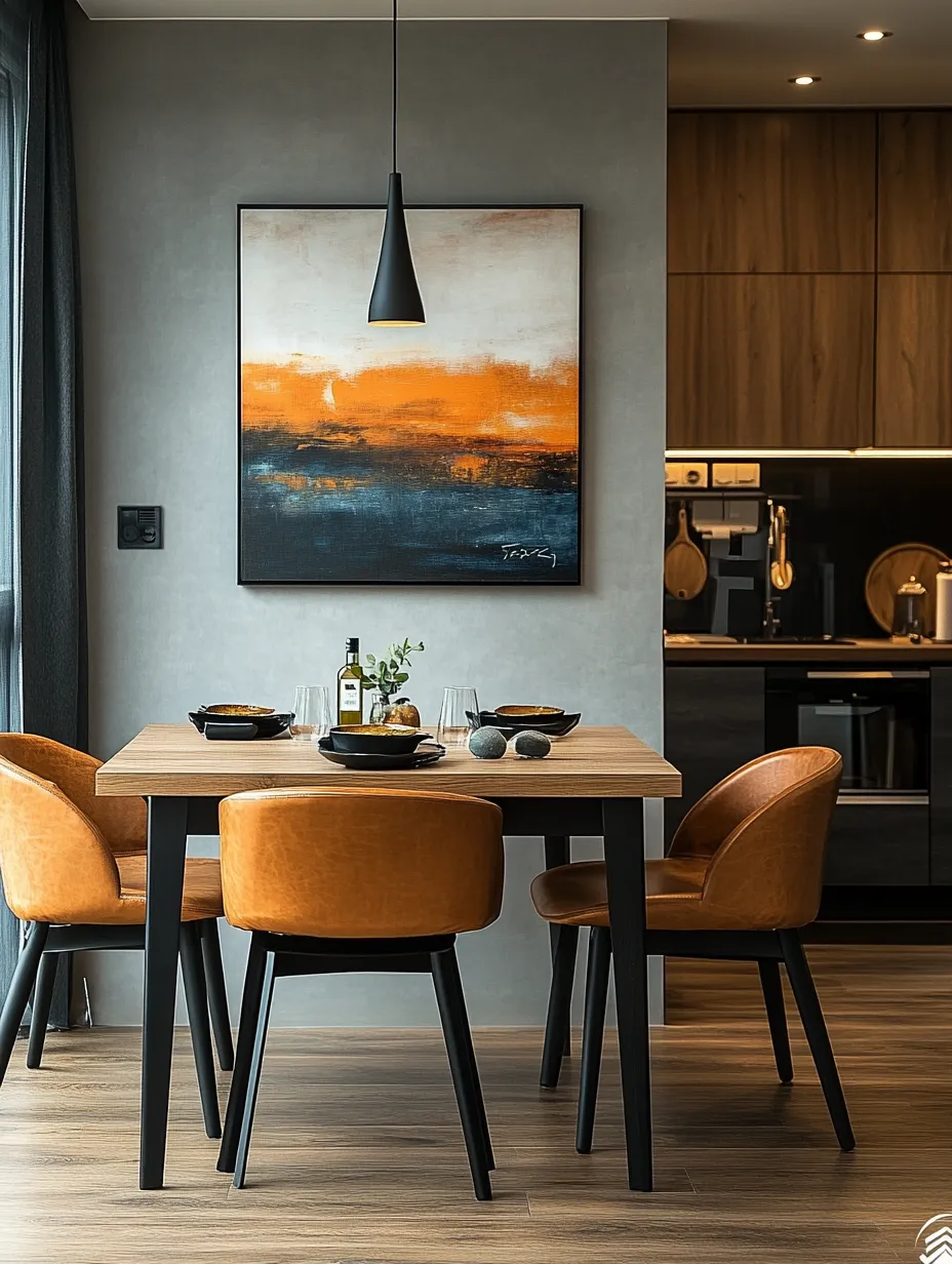 Stylish dining corner with paintings and cozy chairs