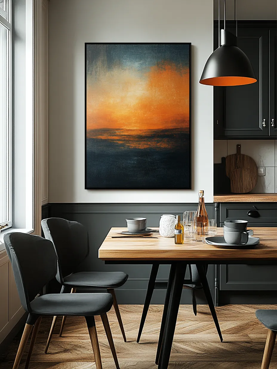 Abstract painting with orange and black colors on the kitchen wall