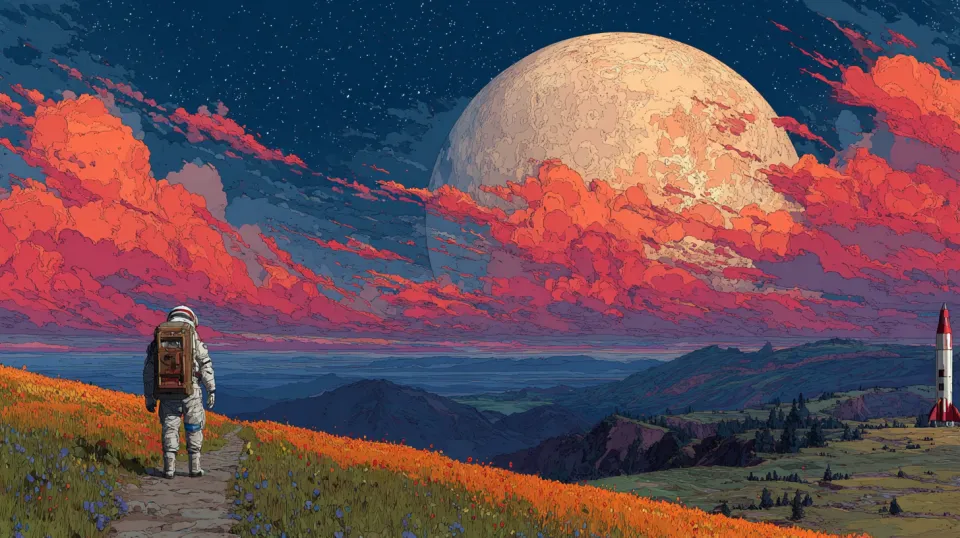 Astronauta de pie en la ladera de una colina, mirando el planeta y las nubes del atardecer