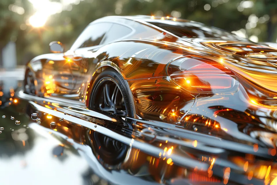 Image of a car reflecting sunlight on a wet surface