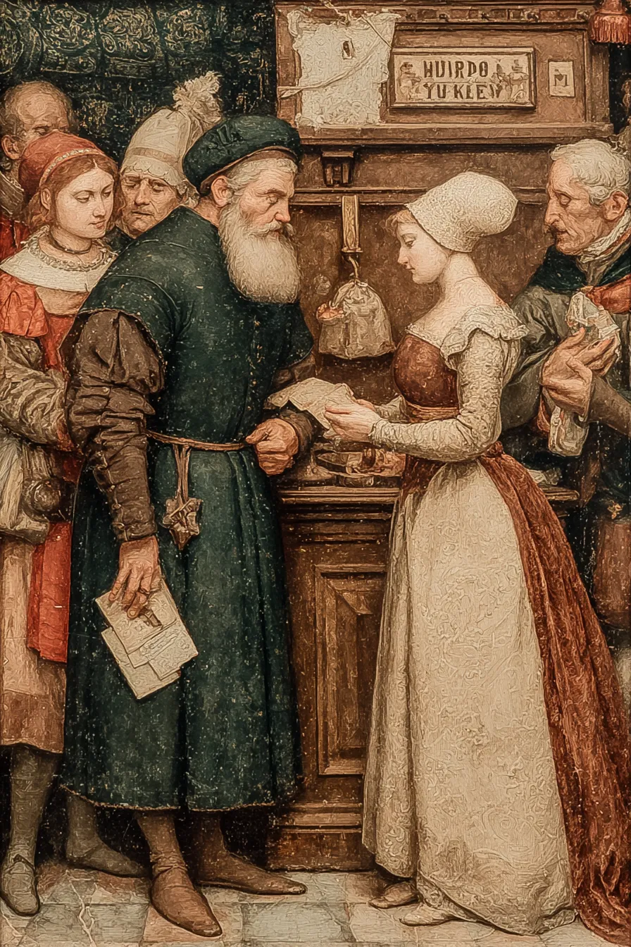 Historical scene with people communicating at a trade counter in ancient times