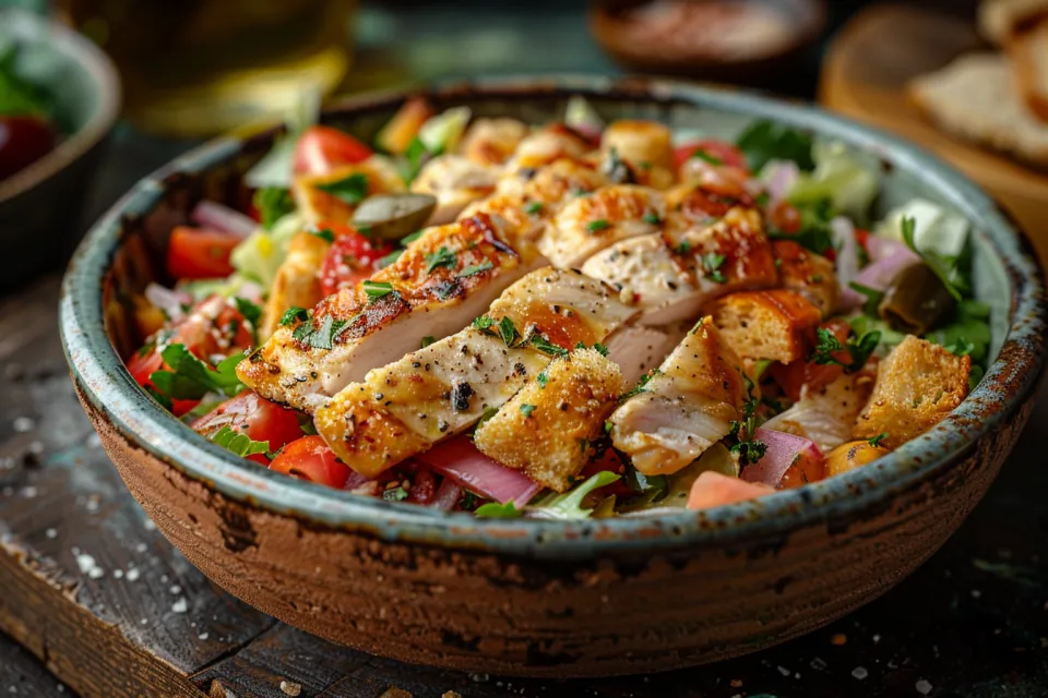Salad with sliced chicken fillet, vegetables, and herbs in a bowl