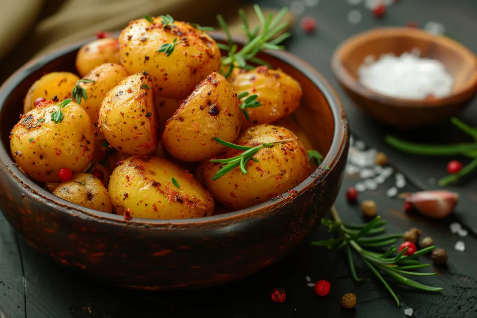 Delicioso plato: papas al horno sazonadas con hierbas y especias aromáticas
