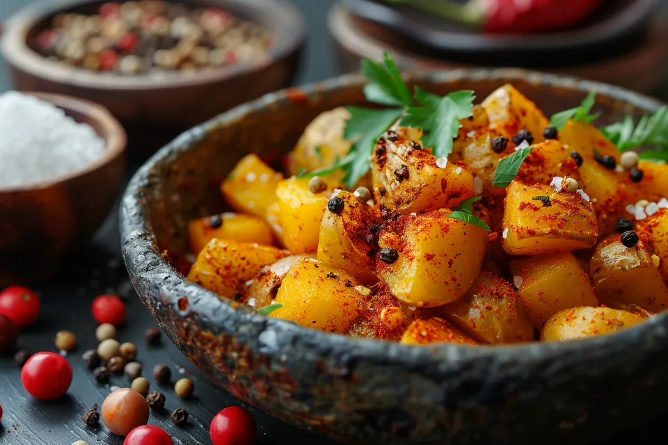 Vibrant fried potato salad with herbs and various spices