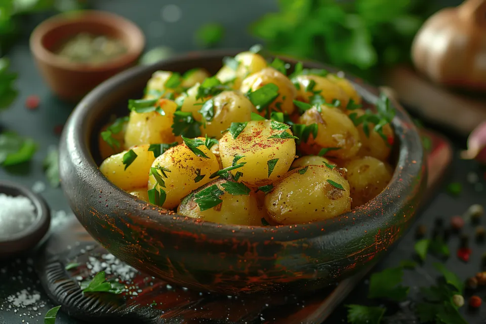 Papas doradas, sazonadas con hierbas y especias en un hermoso plato