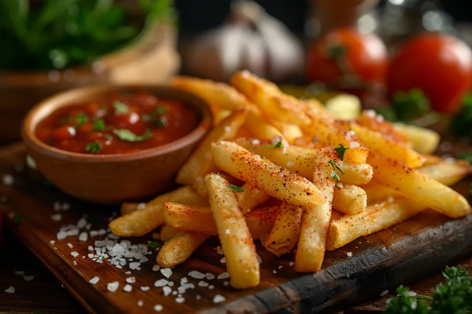 Golden French fries served with tomato sauce and herbs