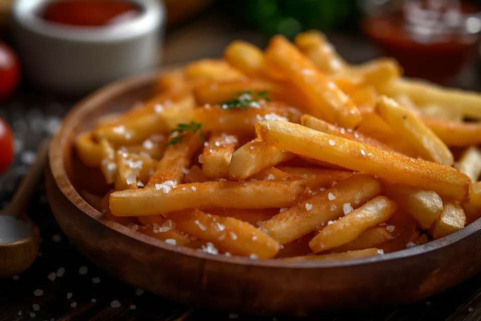 Dish of French fries sprinkled with sea salt in a wooden bowl