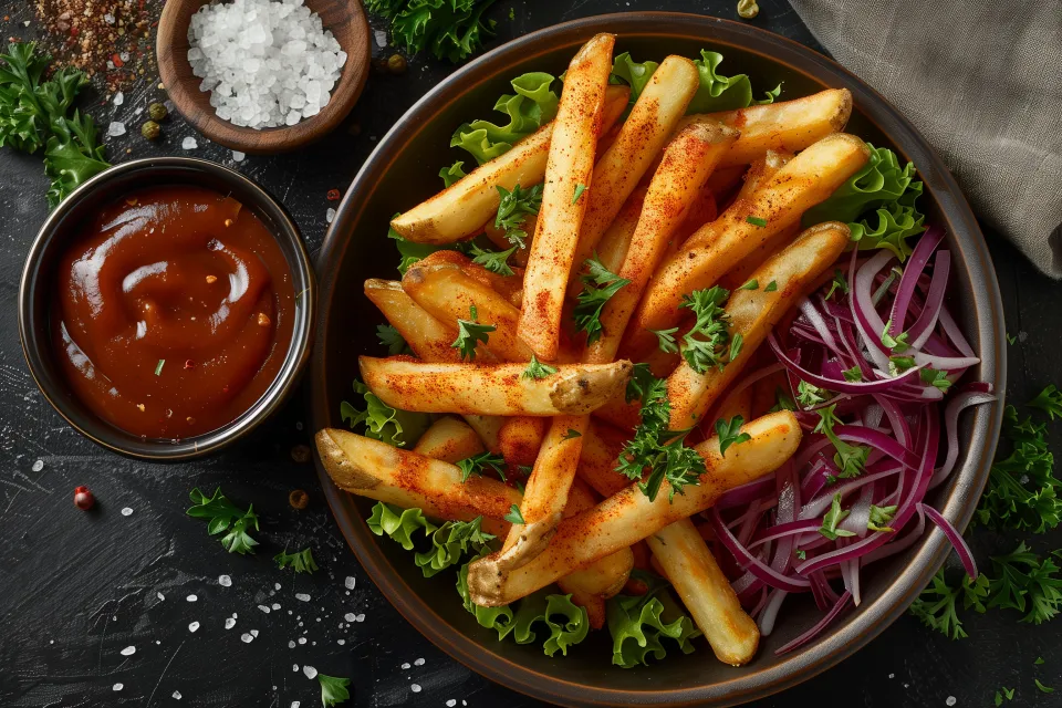 Plate with French fries, sauce, herbs, and onions.