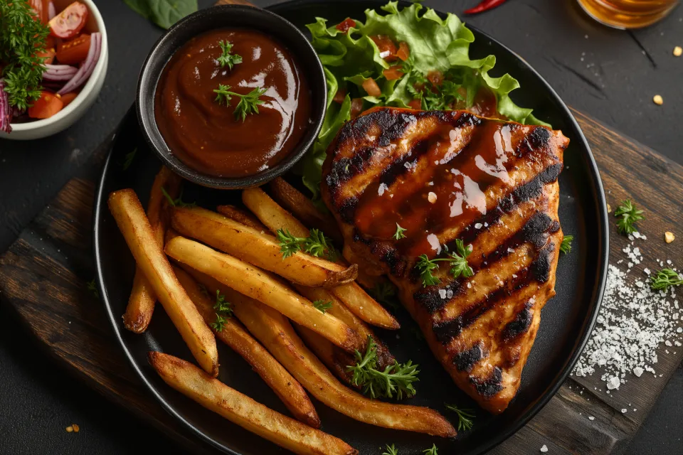 Plato con pechuga de pollo, papas fritas y ensalada de verduras