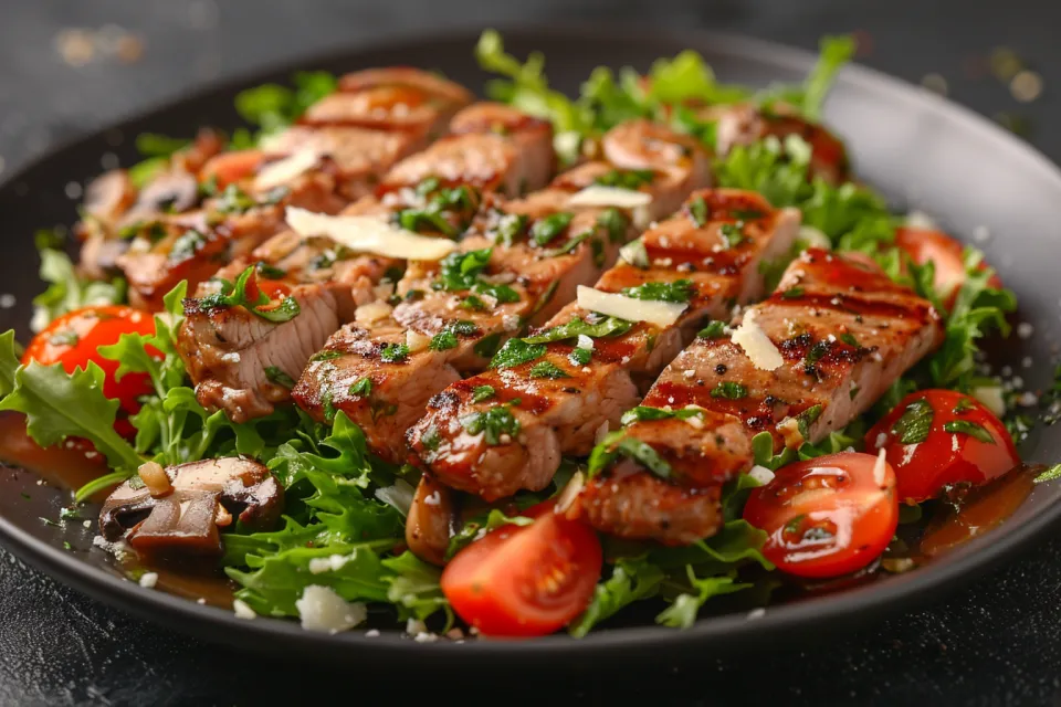 Pieces of fried meat on a green salad with tomatoes and mushrooms