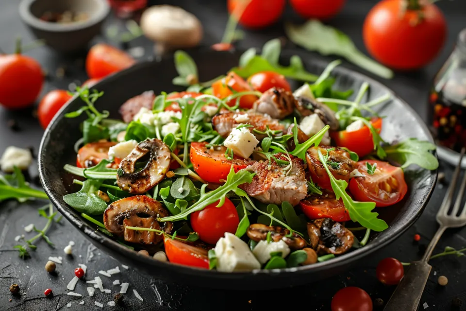 Ensalada de rúcula, tomates, champiñones y queso en un tazón negro