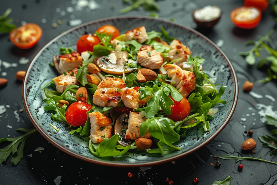 Appetizing salad with chicken, tomatoes, and nuts in the background